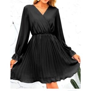 New BBX Lephsnt Black Long Sleeve Pleated V Neck Wrap Dress Women XL